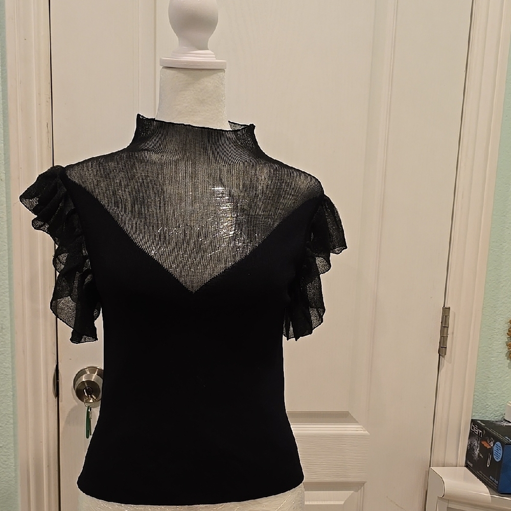 Marc New York Black Ruffled Flutter Sleeve Blouse